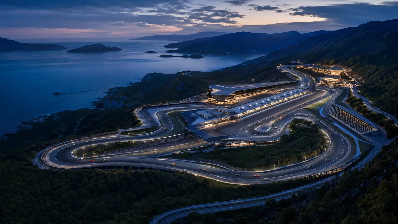 Fictional coastal UCDC racing circuit at blue hour